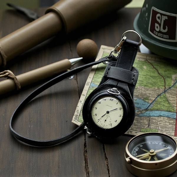 Novo! Estojo de couro da Primeira Guerra Mundial para relógio de bolso de 50 mm, cor preta, artesanato ucraniano, estojo protetor para transportar no bolso.