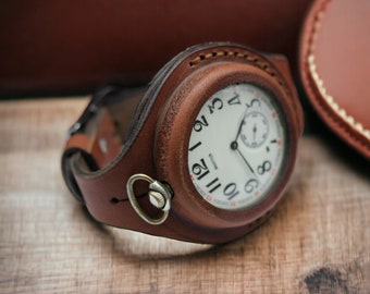 Antique handmade WW1 times New brown leather STRAP Band WRISTBAND For Pocket Watch 55mm WWII