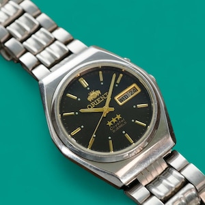 Vintage schwarzes Ziffernblatt Automatik Japan Edelstahl Uhr ORIENT 3 Sterne 21 Juwelen mechanische Armbanduhr