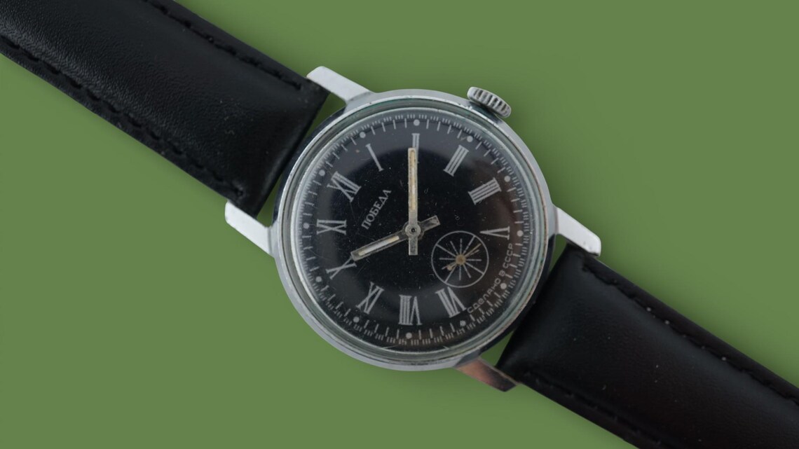 Vintage watch Pobeda cal.2602 dress watch ZIM 15 jewels soviet mechanical men's wristwatch, black dial, foto 3 di 5