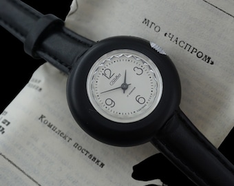 Vintage black women's dress watch, with box and papers, SLAVA 1601 17 jewels, 1990s plastic case, mechanical wristwatch USSR