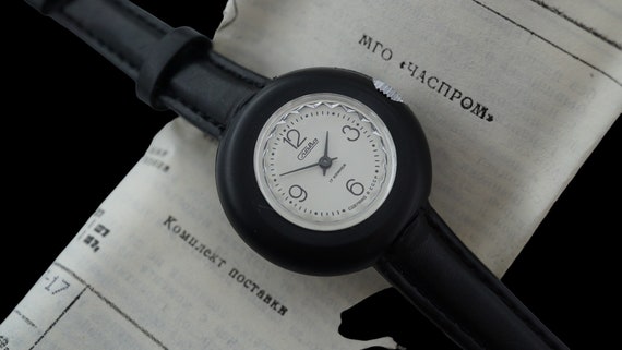 Vintage black women's dress watch, with box and papers, SLAVA 1601 17 jewels, 1990s plastic case, mechanical wristwatch USSR
