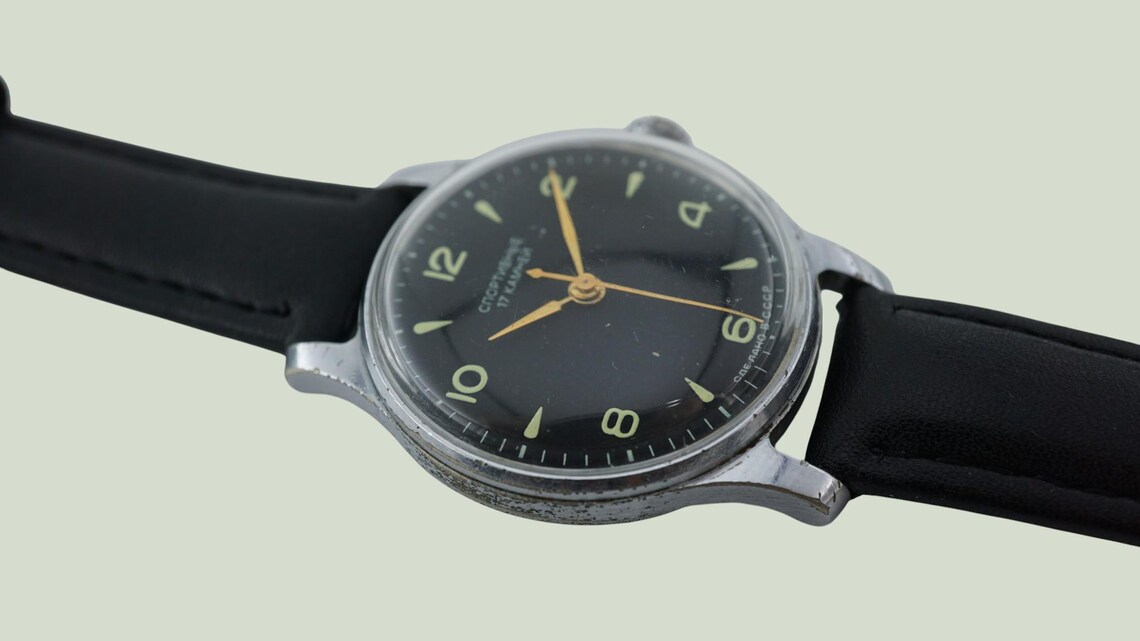Sportivnie sports soviet military watch 1MCHZ mechanical wristwatch, black dial, civilian version of Sturmanskie, stop second, black dial, photo 4 sur 5