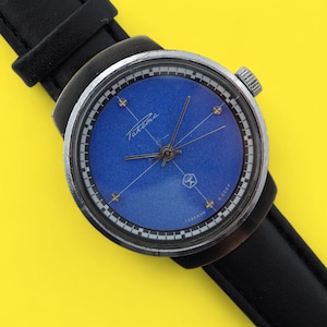 Orologio sovietico d'epoca Raketa cal.2609, raro orologio da polso meccanico da uomo con cassa nera, URSS, 19 rubini, quadrante blu