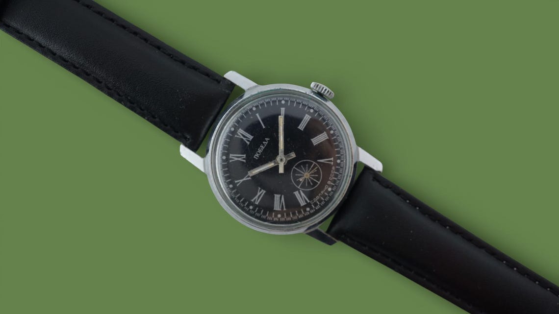 Vintage watch Pobeda cal.2602 dress watch ZIM 15 jewels soviet mechanical men's wristwatch, black dial, foto 2 di 5