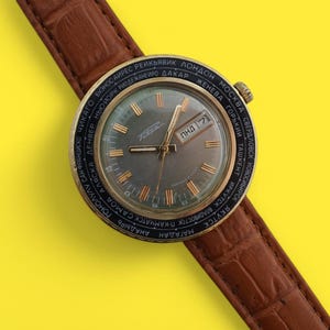 Orologio da collezione vintage Raketa World Time Cities orologio da polso meccanico, cassa placcata in oro