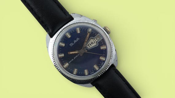 Vintage soviet watch Slava cal.2428 26 jewels mechanical wristwatch ussr men's, blue dial