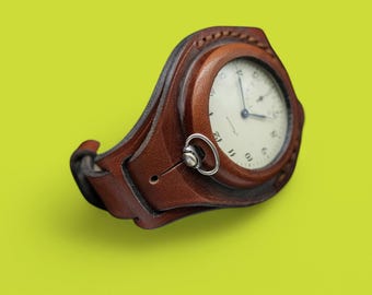 Antique handmade WWI times New brown leather strap Band WRISTBAND For Pocket Watch 45mm WWII, WW2, WW1