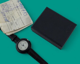 Vintage black women's dress watch, with box and papers, SLAVA 1601 17 jewels, 1990s plastic case, mechanical wristwatch USSR