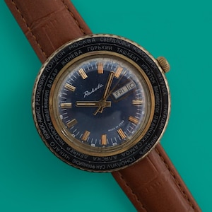 Orologio da collezione vintage Raketa World Time Cities orologio da polso meccanico, cassa placcata in oro