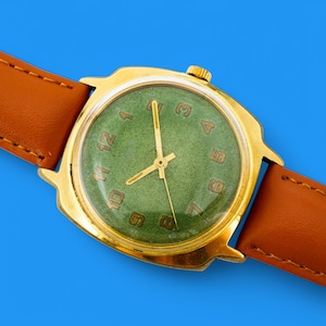 Vintage sovjetisk klocka Luch 2209 23 juveler, sällsynt grön urtavla, guldpläterad boett SF