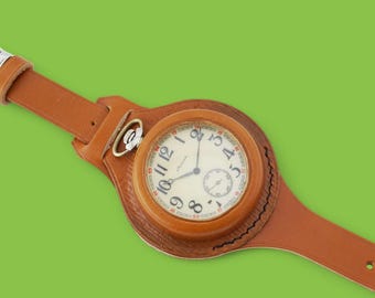 Antique handmade WWI times New orange leather strap Band WRISTBAND For Pocket Watch 45 mm WWII, WW1, WW2