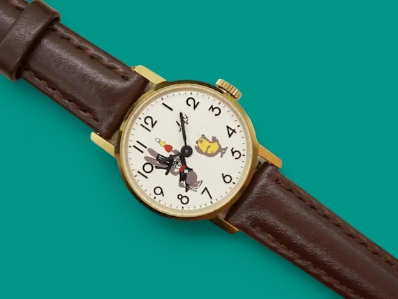 VTG New old stock, funny kid's watch Luch 1801.1.K1, сute bunny and chick, beautiful watch with papers soviet mechanical wristwatch