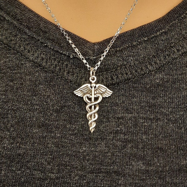 Caduceus Necklace, Sterling Silver Medical Symbol Necklace,  Caduceus Charm, Gift for Doctors, Nurses, RN, Women