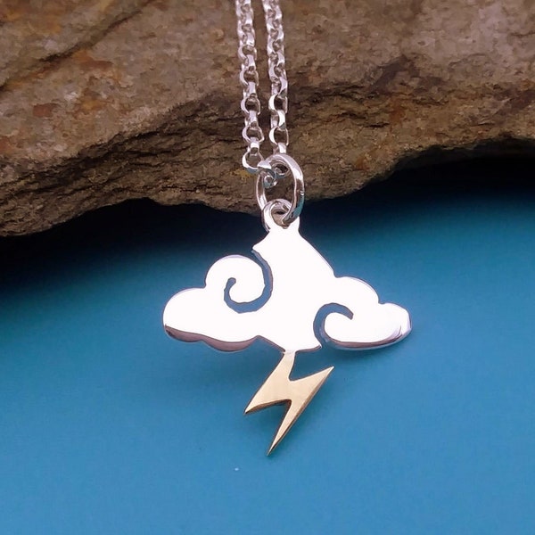 Storm cloud with lightning charm or necklace, Sterling silver jewelry, cloud pendant, gift for her, for women, men necklace