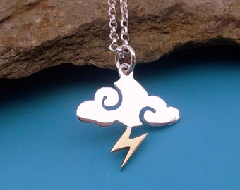 Storm cloud with lightning charm or necklace, Sterling silver jewelry, cloud pendant, gift for her, for women, men necklace