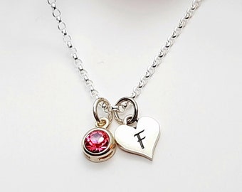 Birthstone Necklace with Heart Initial Heart Charm, 925 Sterling Silver Jewelry, Gift For Women