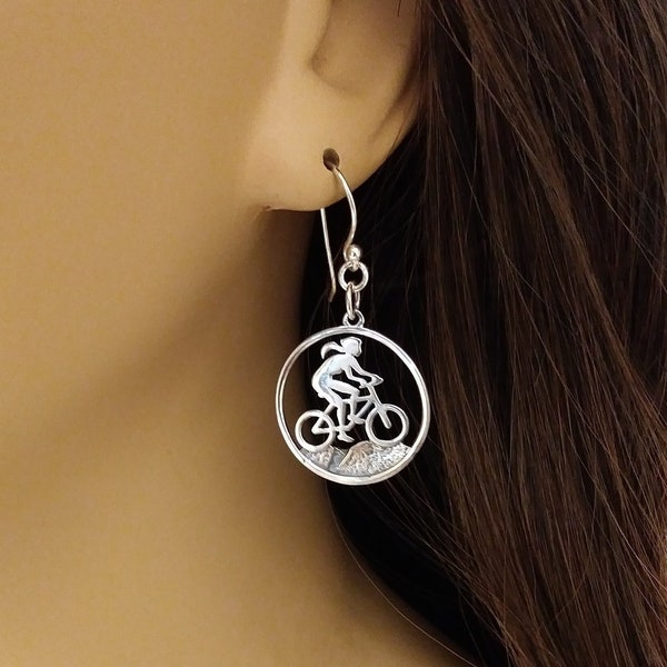 Mountain Biker Girl Earrings, Cyclist Gift for girls or women - Nature Lover Gifts, Outdoor Jewelry, Mountain Bike Earrings