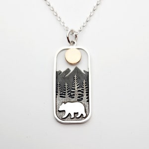 Bear Necklace with Mountain and Bronze Sun - Animal, Travel and Nature Jewelry - 925 Sterling Silver