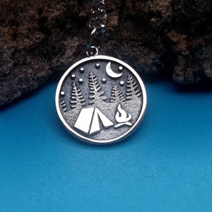 Silver Camping Necklace with Tent and Trees - Outdoor, Gift for Campers, kids, teen, niece, hunters, teacher, father, mother friends student