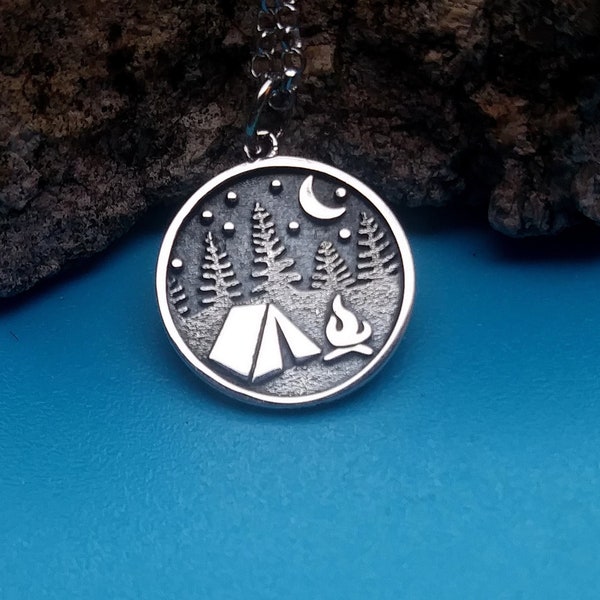 Silver Camping Necklace with Tent and Trees - Outdoor, Gift for Campers, kids, teen, niece, hunters, teacher, father, mother friends student