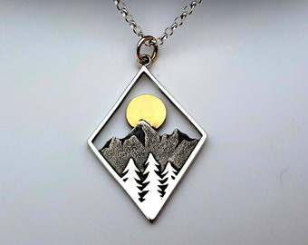 Pine Tree Mountain Necklace with Bronze Sun, Diamond Frame Sun Necklace, 925 Sterling Silver, Hiking necklace, Outdoor