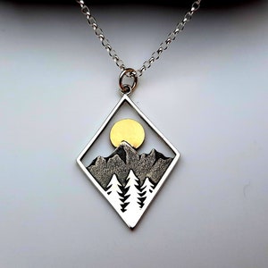 Pine Tree Mountain Necklace with Bronze Sun, Diamond Frame Sun Necklace, 925 Sterling Silver, Hiking necklace, Outdoor image 1