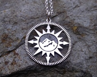 Compass with Mountain Necklace or Charm - Sterling Silver - Mountain Jewelry, Compass Necklace