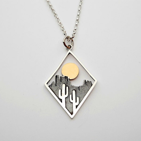 Cactus and Desert Necklace with Bronze Sun, Wildlife Diamond Frame Sun Necklace, 925 Sterling Silver, Outdoor