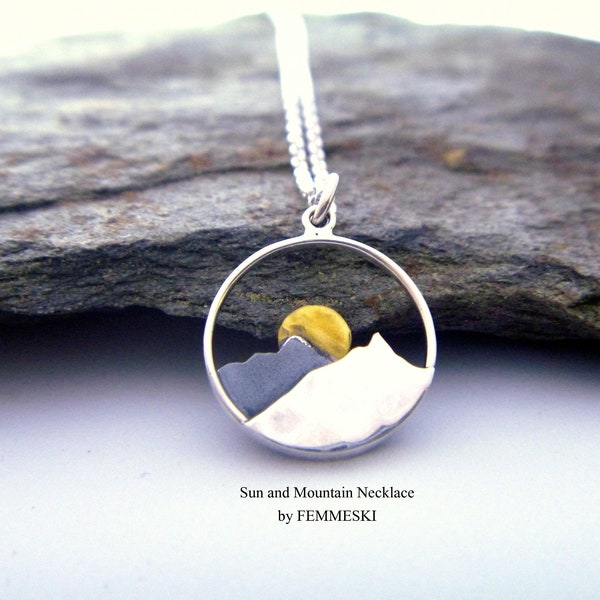 Mountain Necklace, Sun Necklace, Sterling Silver Mountain Range Pendant, Hiking necklace for women, Mountain and Sun Jewelry