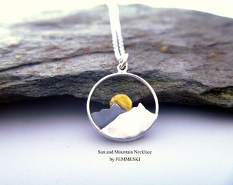 Mountain Necklace, Sun Necklace, Sterling Silver Mountain Range Pendant, Hiking necklace for women, Mountain and Sun Jewelry