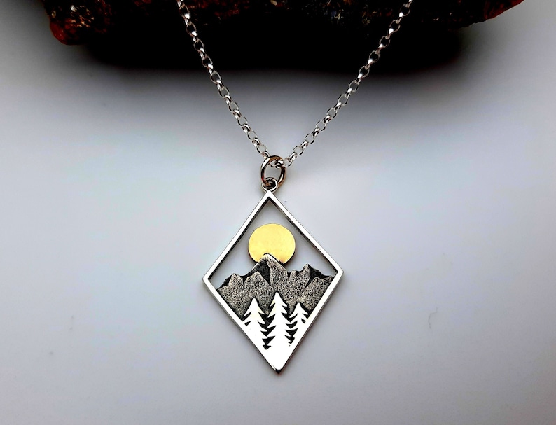 Pine Tree Mountain Necklace with Bronze Sun, Diamond Frame Sun Necklace, 925 Sterling Silver, Hiking necklace, Outdoor image 1