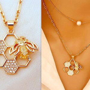 Queen Honeycomb Necklace, 24K Gold Filled Honey Bee Necklace,  Gift For Her Women