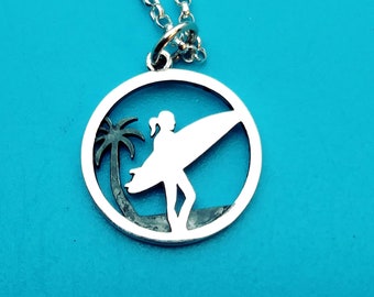 Girl Surfer Necklace, Surfing Necklace Charm with Palm Tree, Surfing gift for girls or women, beach lover, Surfboard charm