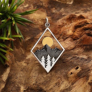 Pine Tree Mountain Necklace with Bronze Sun, Diamond Frame Sun Necklace, 925 Sterling Silver, Hiking necklace, Outdoor image 7