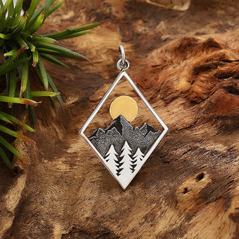 Pine Tree Mountain Necklace with Bronze Sun, Diamond Frame Sun Necklace, 925 Sterling Silver, Hiking necklace, Outdoor image 7