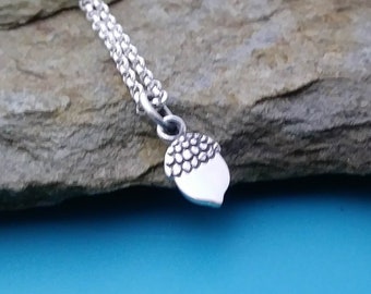 Tiny Acorn Charm Necklace in Sterling Silver, Fall Jewelry, Woodland Jewelry, Animal Charm
