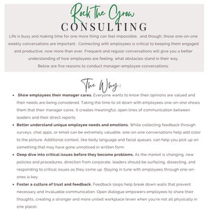 以下が含まれることがあります： 緑と白のテキストグラフィックで、「Rock The Grow Consulting」という単語と、マネージャーと従業員の会話を行う5つの理由がリストされています。テキストには「The Why:」というフレーズと、次の理由を示す箇条書きが含まれています。従業員にマネージャーが気にかけていることを示す、従業員のユニークなニーズと感情をよりよく理解する、問題になる前に重要な問題を深く掘り下げる、信頼とフィードバックの文化を育む、そして未来に焦点を当てる。
