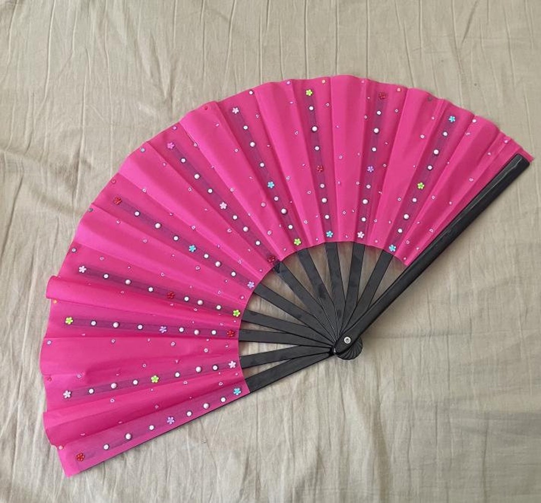 Large Pink Rhinestoned Handheld Cloth Fan - Etsy