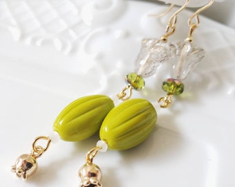 Spring Green Earrings, Apple Green Earrings, Gold and Green Earrings, Gold Filled Ear Wires, Romantic Jewelry