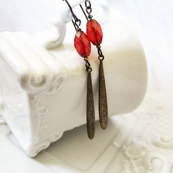 Boho Earrings, Teardrop Earrings, Red and Antique Gold Earrings, Romantic Jewelry