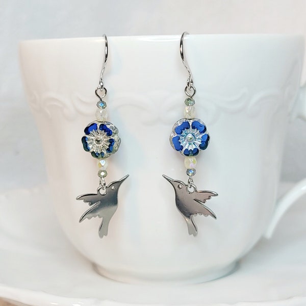 Sweet Hummingbird Earrings, Blue Silvered Pansy Flower Earrings, Bird Earrings, Romantic Jewelry