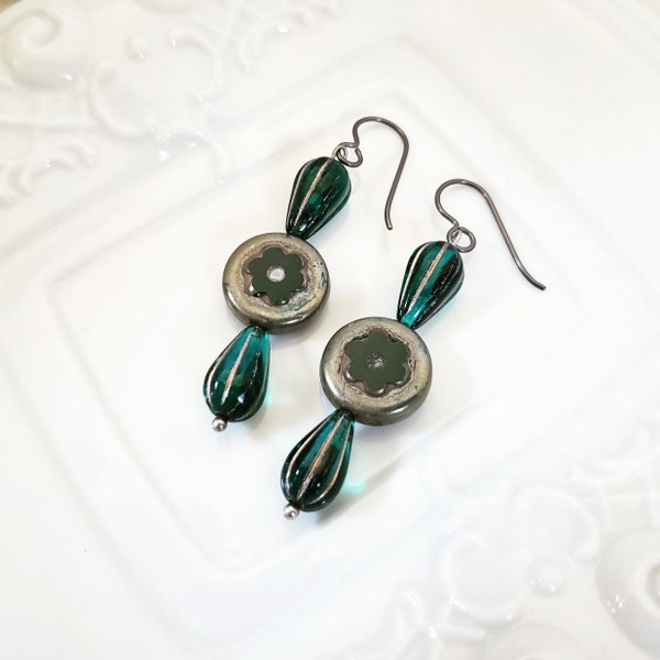 Whimsical Flower Earrings, Botanical Earrings, Teal and Antique Silver Earrings, Romantic Jewelry