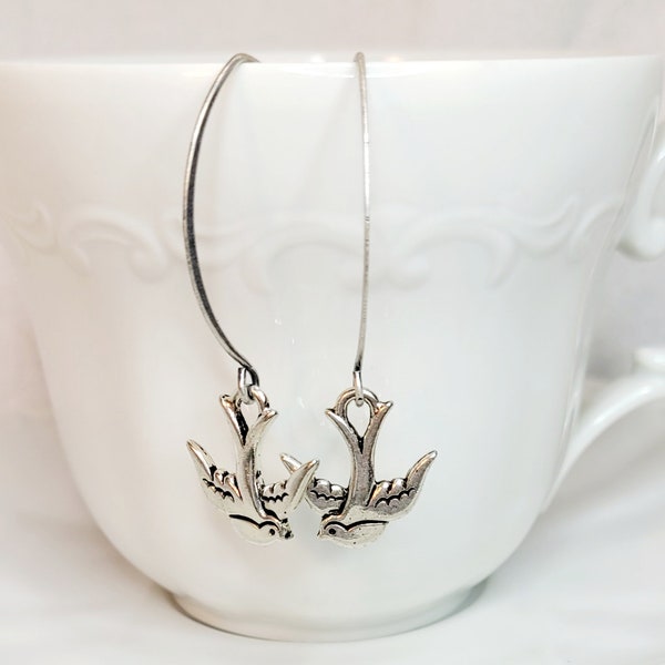 Swallow Earrings, Silver Earrings, Floral Teardrop Earrings, Romantic Jewelry