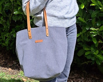 Sac hobo velours cotelé, anse cuir marron / Sac seau femme, velours côtelé gris, cabs velours cotelé/ Sac porté épaule,  cadeau femme