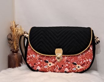 Sac à main femme, sac besace, Sac bandoulière, sac fait main, velours chevron noir,et coton fleuris, idée cadeau femme