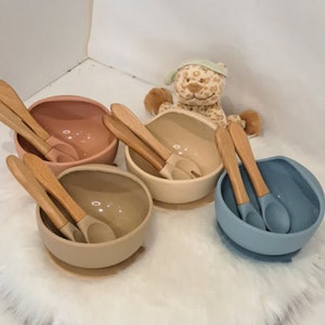 Silicone bowl with personalized wooden cutlery/birth gift/Silicone bowl with suction cup and personalized cutlery/birth gift