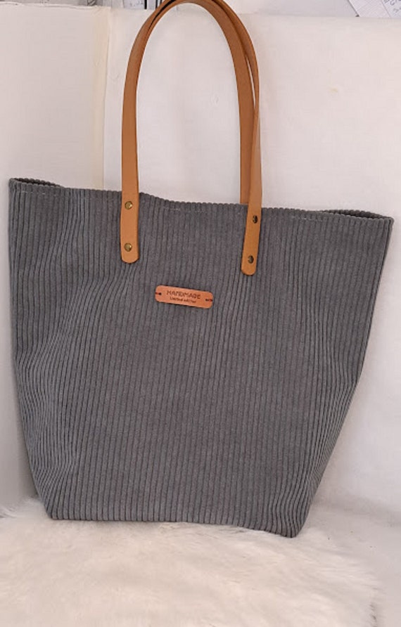 Corduroy Hobo Bag Brown Leather Handle Women s Bucket Bag Gray Corduroy Corduroy Cabs Shoulder Bag Women s Gift Etsy Ireland