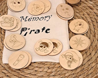 Jeu de mémoire en bois Memory pirate/ferme dans pochon de rangement , Jeu à manipuler, Cadeau enfant