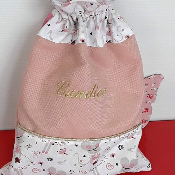 Sac à doudou pour fille, sac à chaussons petites souris danseuses, sac pochon mixte personnalisable